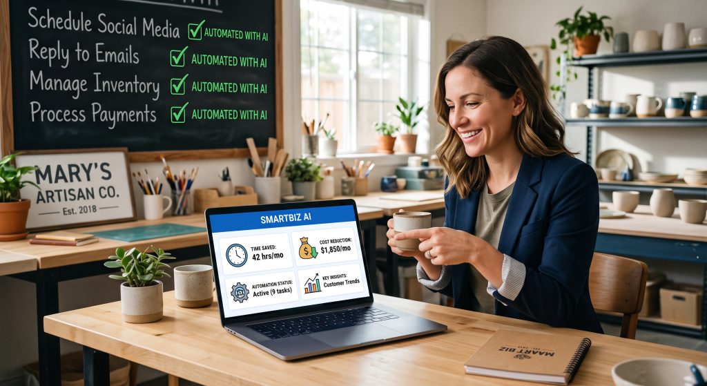 Small business team using AI tools on a laptop to automate everyday office tasks