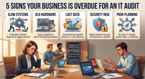 IT professional reviewing network equipment during a small business technology assessment